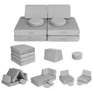 Ergonomia w pokoju dziecięcym - konkretne dane 3 Sofa modułowa duża składana dla dzieci DIY 8 miękkich poduch - szara ECOTOYS