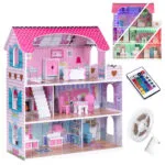 Drewniany domek dla lalek z oświetleniem LED - ECOTOYS 1 Drewniany domek dla lalek z oświetleniem LED + zestaw mebelków ECOTOYS