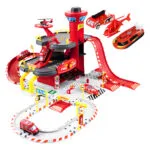 Garaż samochodowy straż pożarna + helikopter - Multistore 1 Garaż samochodowy straż pożarna 3 poziomy z windą autka + helikopter 74 elementy