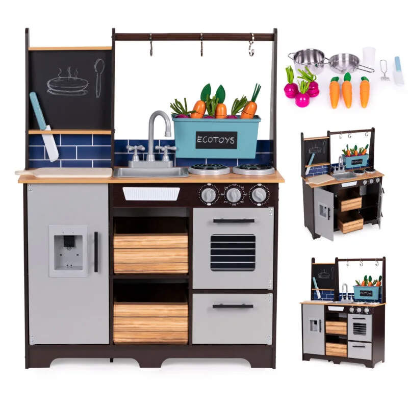 Duża drewniana kuchnia dla dzieci z warzywniakiem i akcesoriami ECOTOYS Duża drewniana kuchnia dla dzieci z warzywniakiem i akcesoriami ECOTOYS