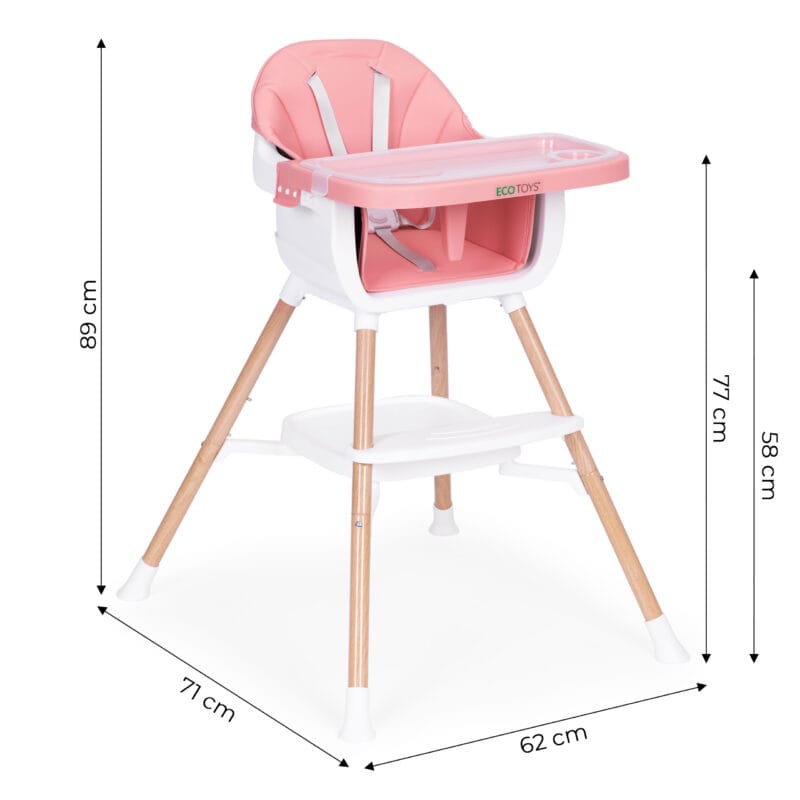 Krzesełko do karmienia 2w1 ECOTOYS – wysokie krzesełko i nakładka na krzesło w jednym. Stabilna konstrukcja, antypoślizgowe stopki, 5-punktowe pasy i regulowana tacka.
