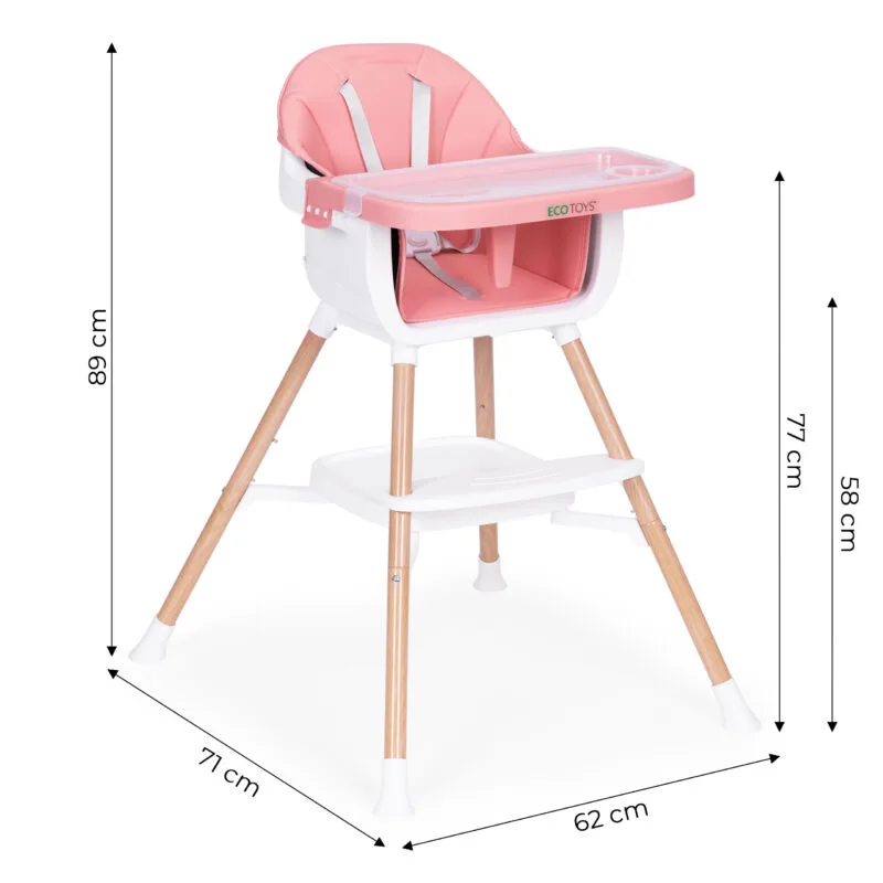 Krzesełko do karmienia 2w1 ECOTOYS – wysokie krzesełko i nakładka na krzesło w jednym. Stabilna konstrukcja, antypoślizgowe stopki, 5-punktowe pasy i regulowana tacka.