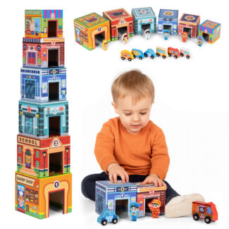 Wieża do układania piramida miasto sorter z figurkami i pojazdami 18 elementów