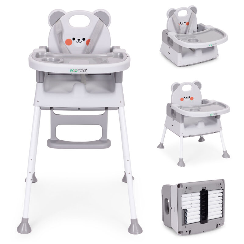 Fotelik krzesełko do karmienia dzieci 3w1 podwójna tacka 5-punktowe pasy szary ECOTOYS