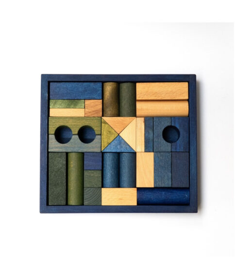 Drewniane Klocki w Niebieskiej Skrzynce 30 el Barwa Zimna – Wooden Story
